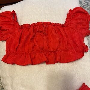 Red Smocked Off-Shoulder Crop Top Skirt Set